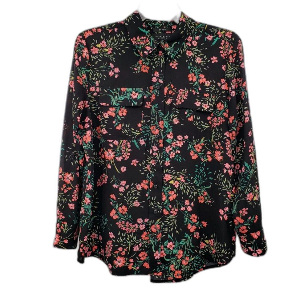 Investments Olivia Chiffon Button Up Shirt Sz M Petite Black Dark Floral Office
